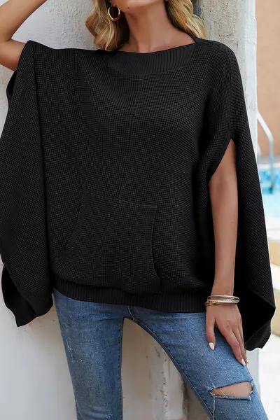 Waffle-Knit Pocketed Cape Sleeve Sweater