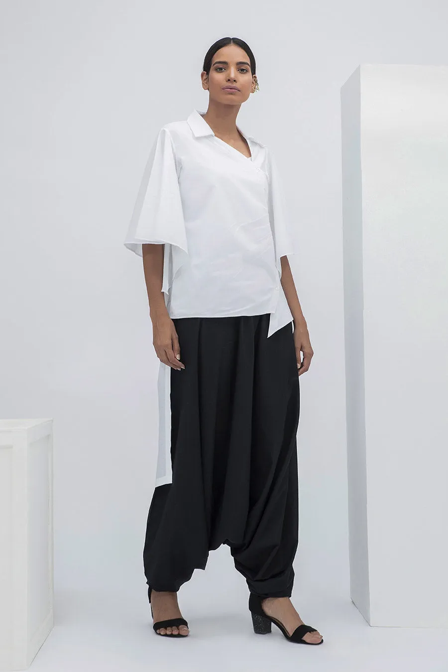 White Knife Pleated High Low Shirt