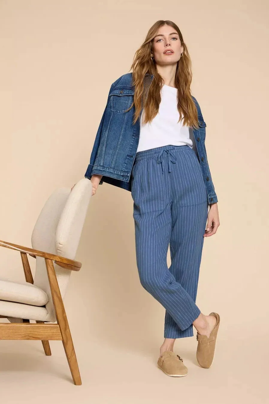 White Stuff Elle Linen Blend Trousers in Blue Multi