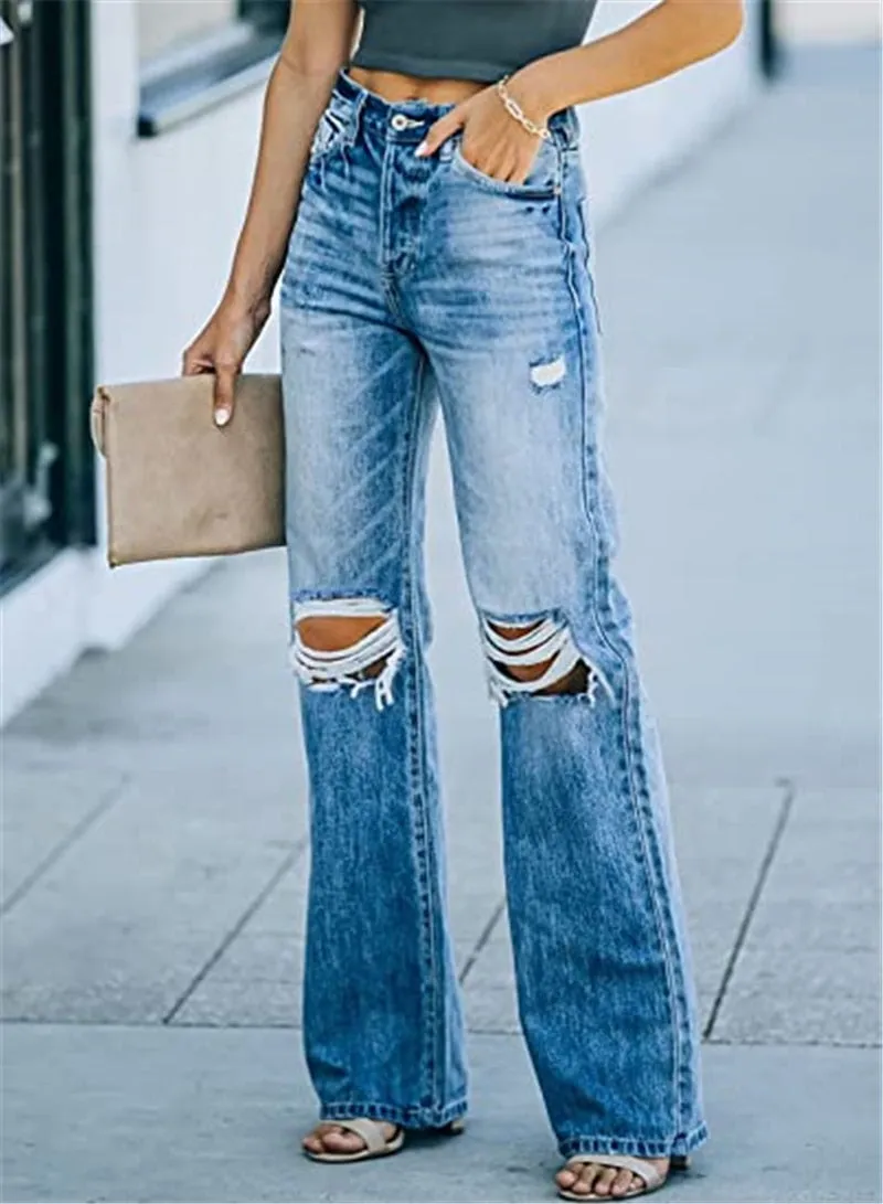 Wjczt High Waist Autumn New Retro Flared Pants Loose Casual Ripped Wide Leg Pants Straight Leg Jeans Women's Street Pants