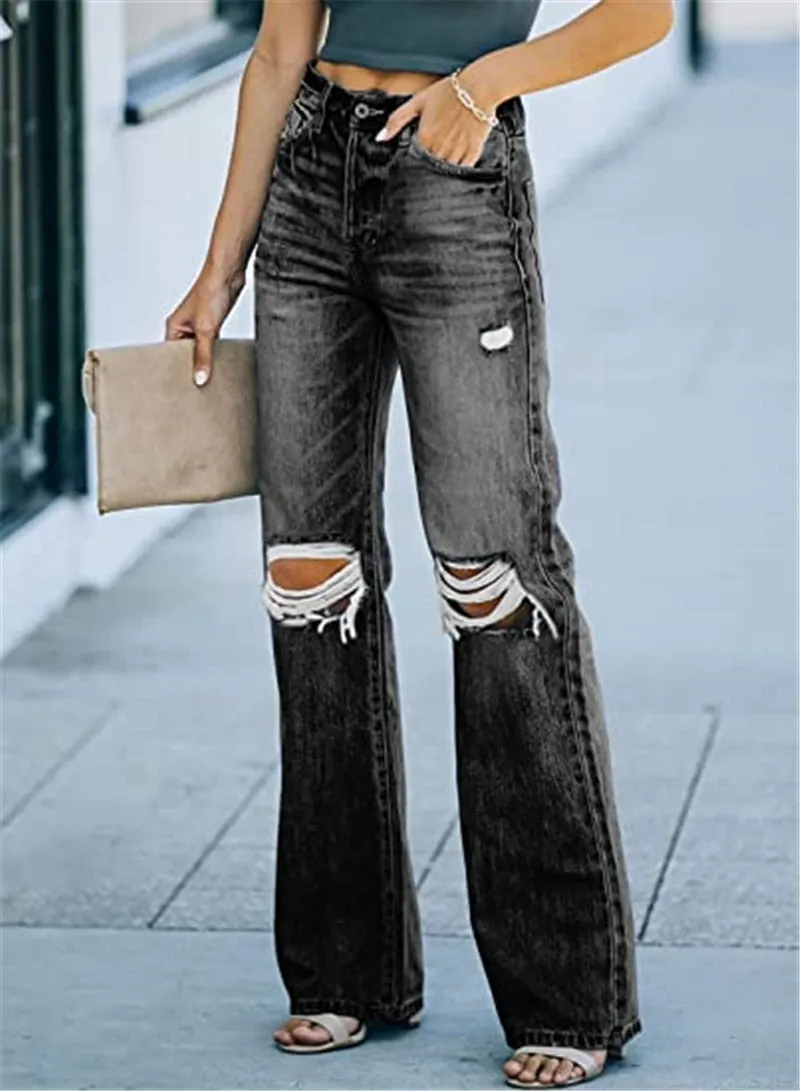 Wjczt High Waist Autumn New Retro Flared Pants Loose Casual Ripped Wide Leg Pants Straight Leg Jeans Women's Street Pants