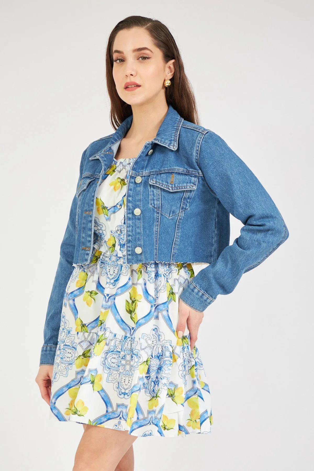 Women's Denim Jacket with Patchwork Pattern Detail on the Back