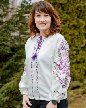 Women's linen blouse with incredible lavender-purple-lilac embroidery