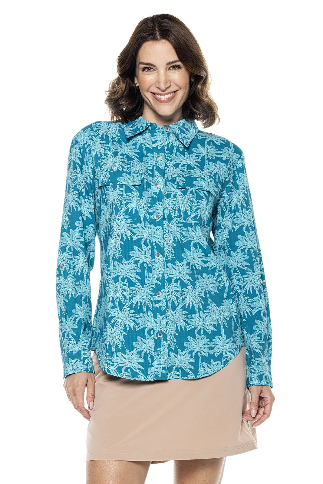 Women's Mylitta Travel Shirt  |  Tahitian Teal Swaying Palms