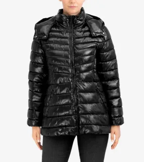 Women's Quilted Pearl Faux Down Removable Hood Jacket