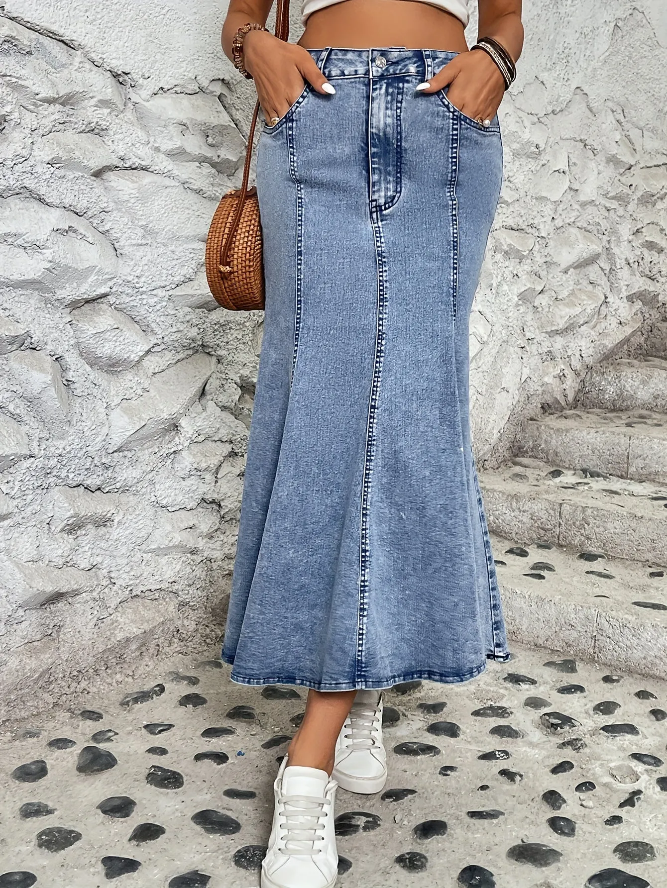 Women's Street Style Elastic Trumpet Plain Washed Blue Denim Midi Skirt, Fashion Stretch Fit, Flared Hem, Casual Jean Wear