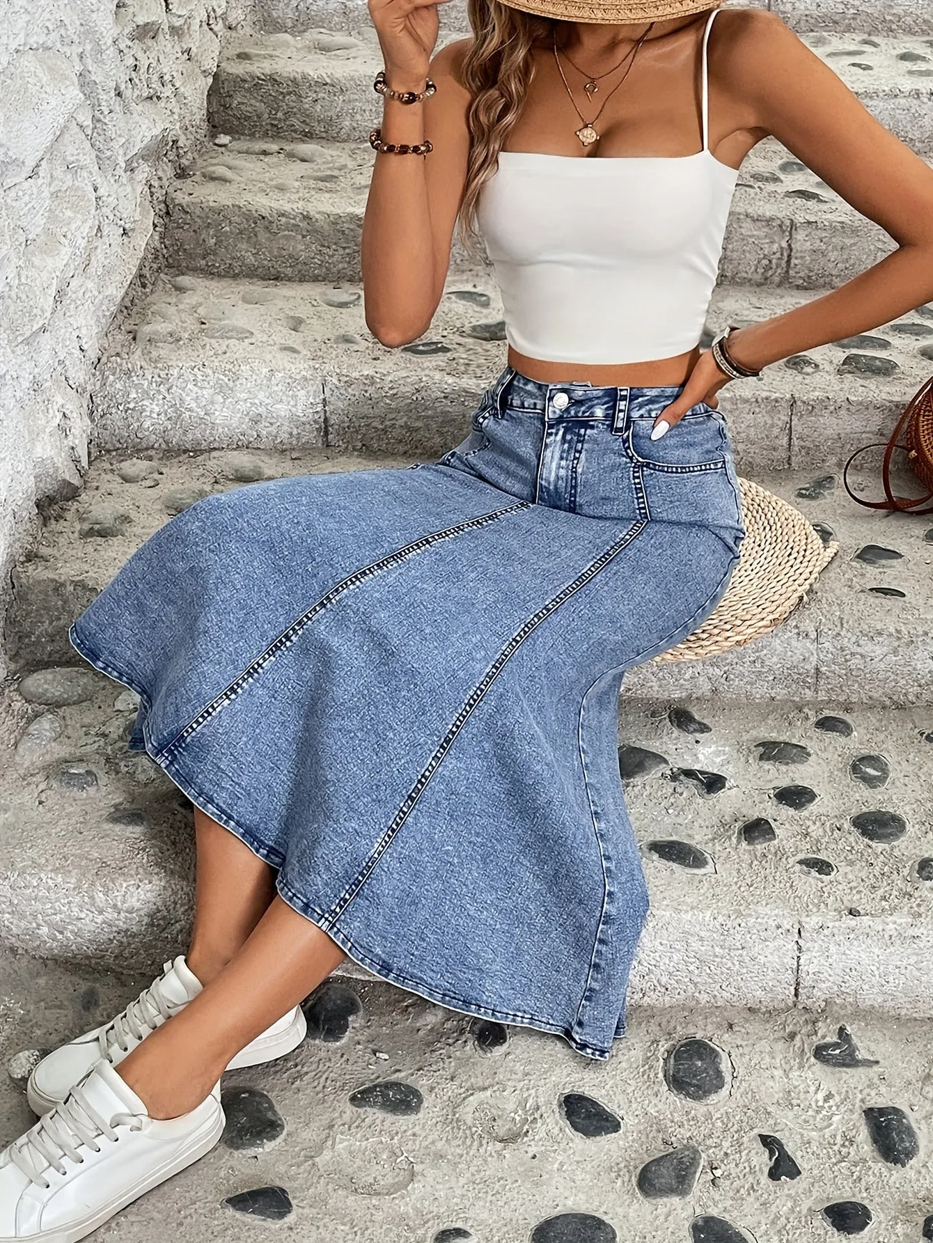 Women's Street Style Elastic Trumpet Plain Washed Blue Denim Midi Skirt, Fashion Stretch Fit, Flared Hem, Casual Jean Wear