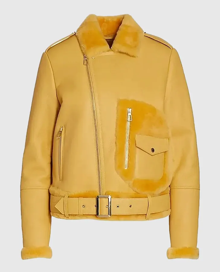 Women's Yellow Shearling Trimmed Leather Moto Jacket