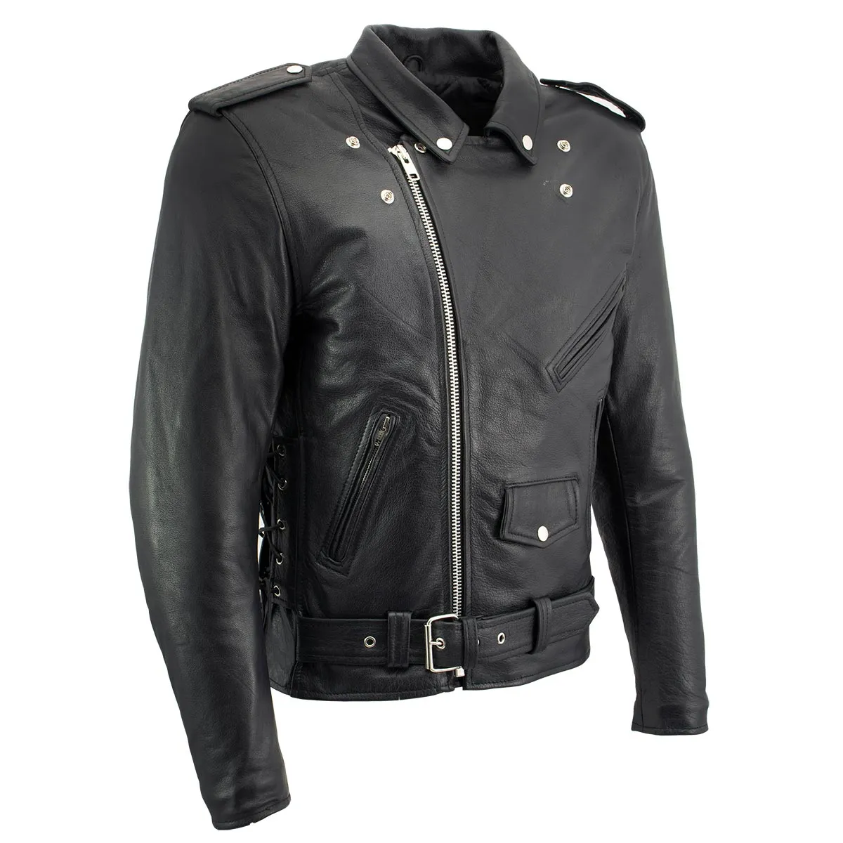 Xelement B7103 Men's 'Ruffian' Classic Black Motorcycle Side Lace Leather Jacket with X-Armor Protection