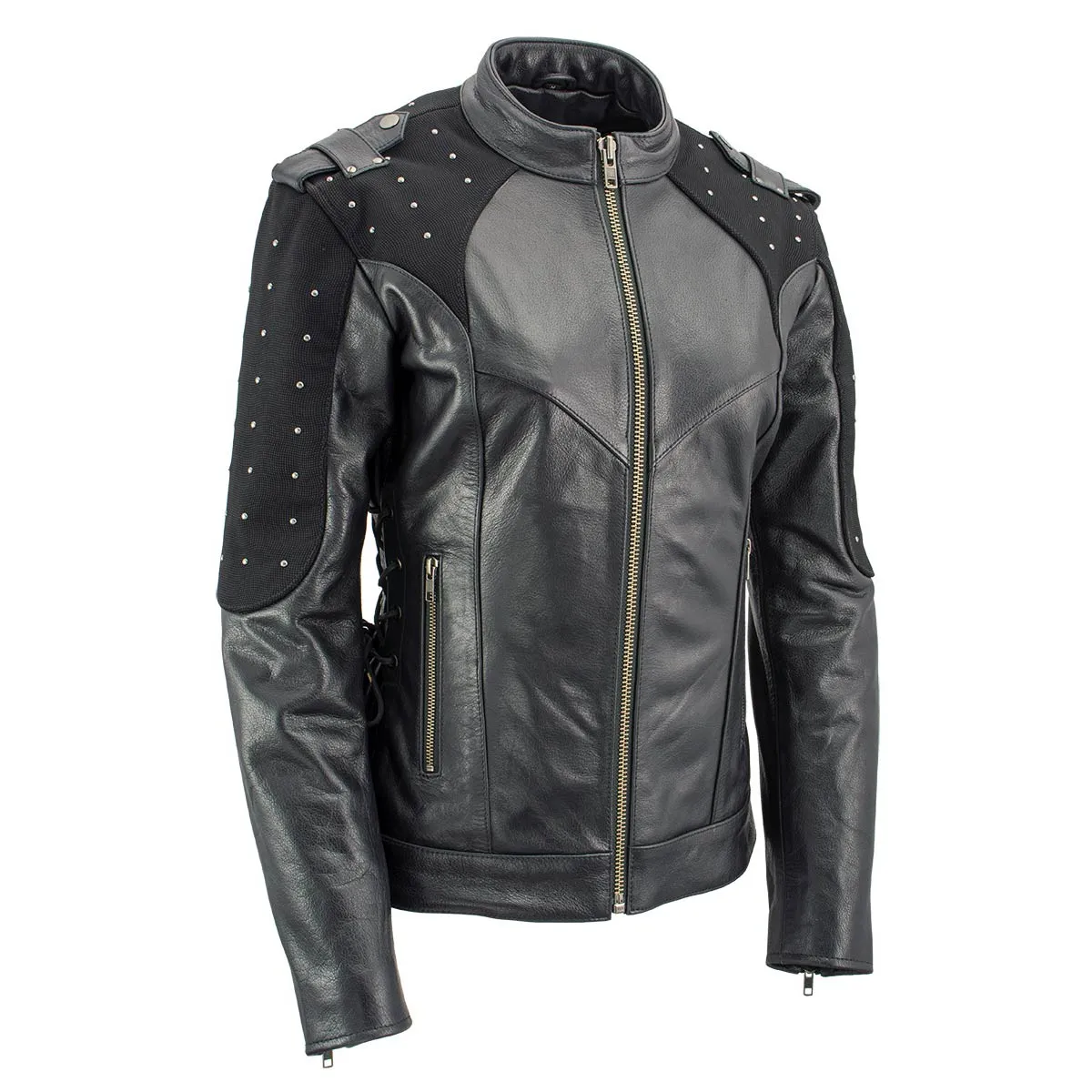 Xelement Women's Scuba Black Leather Motorcycle Biker Jacket with Reflective Wings and Studs XS22001